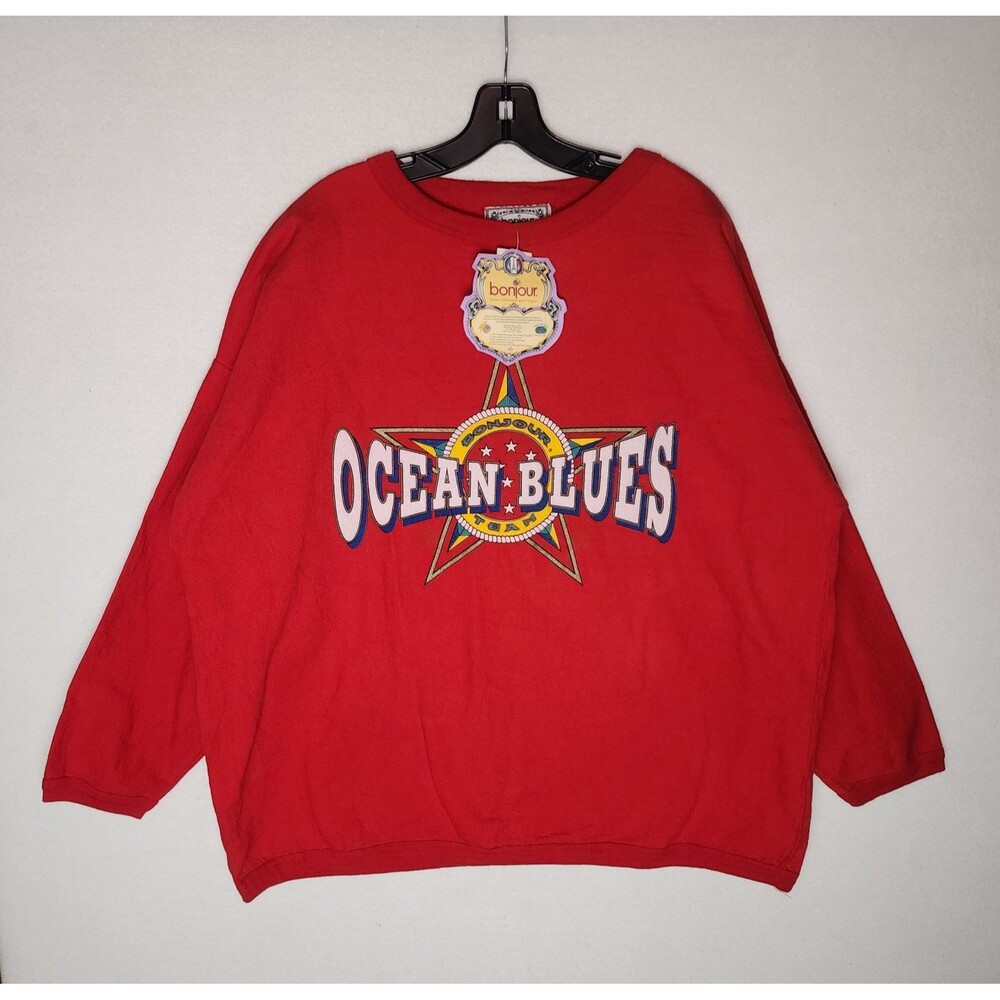 Vintage Bonjour Crewneck Sweatshirt  Ocean Blues Team Red Womens 2XL 22/24 NWT